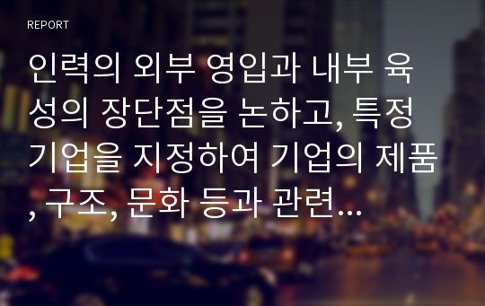 인력의 외부 영입과 내부 육성의 장단점을 논하고, 특정 기업을 지정하여 기업의 제품, 구조, 문화 등과 관련하여 해당 기업