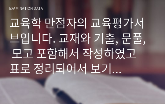 교육학 만점자의 교육평가서브입니다. 교재와 기출, 문풀, 모고 포함해서 작성하였고 표로 정리되어서 보기 편하실 겁니다.