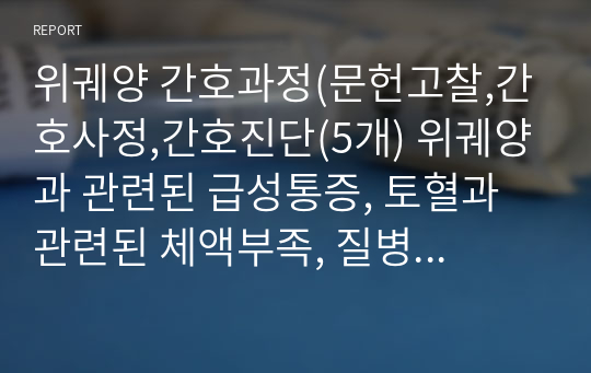 위궤양 간호과정(문헌고찰,간호사정,간호진단(5개) 위궤양과 관련된 급성통증, 토혈과 관련된 체액부족, 질병과 관련된 오심, 간헐적 통증과 관련된 수면박탈, 토혈과 관련된 불안)