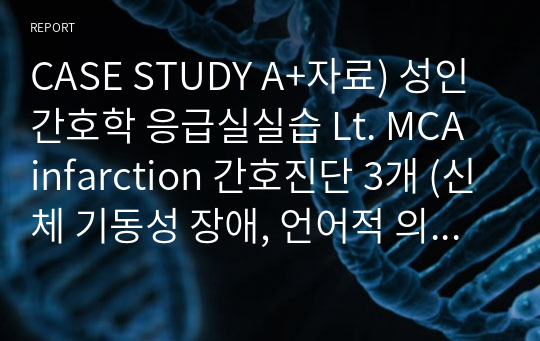 CASE STUDY A+자료) 성인간호학 응급실실습 Lt. MCA infarction 간호진단 3개 (신체 기동성 장애, 언어적 의사소통장애, 낙상위험성)