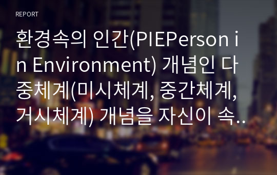 환경속의 인간(PIEPerson in Environment) 개념인 다중체계(미시체계, 중간체계, 거시체계) 개념을 자신이 속해 있는 체계들을