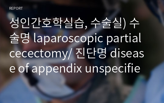 성인간호학실습, 수술실) 수술명 laparoscopic partial cecectomy/ 진단명 disease of appendix unspecified (불특정 충수질환)/  간호과정 2개 급성통증, 배뇨장애/ 질병연구/ 수술방법/ 회복실 기록지/ 수술 중 검사 및 처치/ 간호력