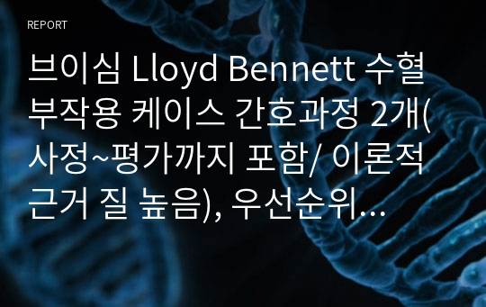 브이심 Lloyd Bennett 수혈부작용 케이스 간호과정 2개(사정~평가까지 포함/ 이론적 근거 질 높음), 우선순위 표(진단6개)
