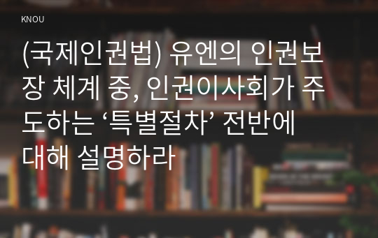 (국제인권법) 유엔의 인권보장 체계 중, 인권이사회가 주도하는 ‘특별절차’ 전반에 대해 설명하라