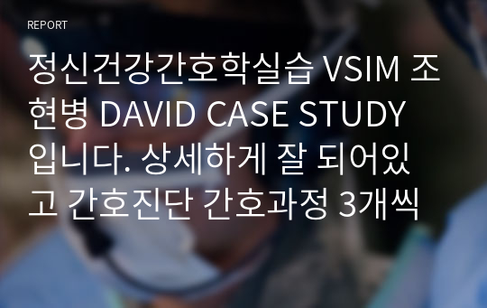 정신건강간호학실습 VSIM 조현병 DAVID CASE STUDY입니다. 상세하게 잘 되어있고 간호진단 간호과정 3개씩입니다.