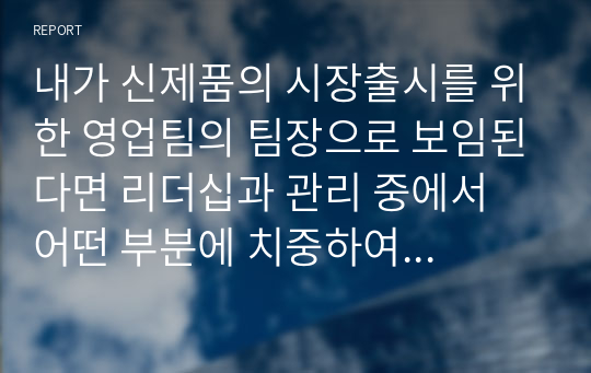 내가 신제품의 시장출시를 위한 영업팀의 팀장으로 보임된다면 리더십과 관리 중에서 어떤 부분에 치중하여 팀을 운영하게 될지 자신의 의견을 제시해 보세요