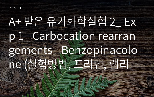 A+ 받은 유기화학실험 2_ Exp 1_ Carbocation rearrangements - Benzopinacolone (실험방법, 프리랩, 랩리포트 모음)
