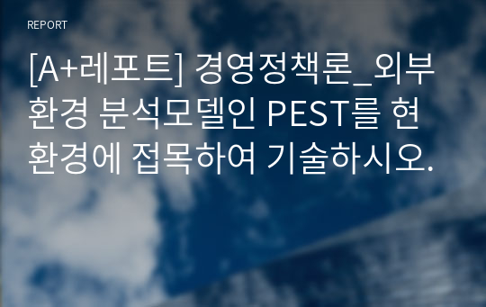 [A+레포트] 경영정책론_외부환경 분석모델인 PEST를 현 환경에 접목하여 기술하시오.