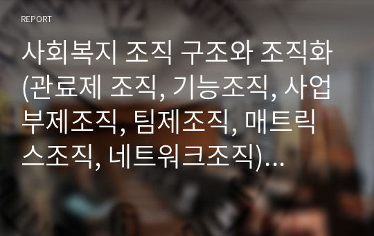 사회복지 조직 구조와 조직화(관료제 조직, 기능조직, 사업부제조직, 팀제조직, 매트릭스조직, 네트워크조직)에 대하여 기술하시오.